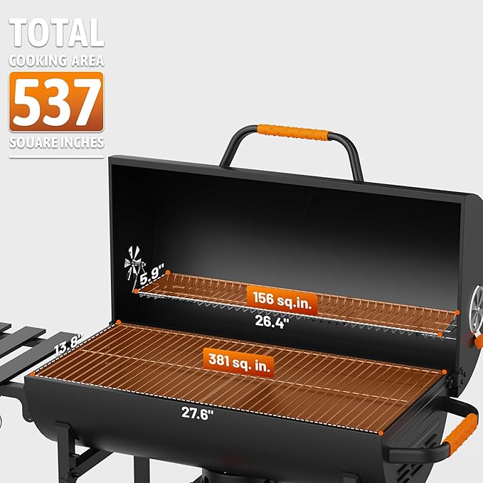 KEYO GRILL 29-Inch Barrel Charcoal Grill, Heavy duty BBQ Grill with Adjustable Air Vent, One Click Cleaning System Barbecue Smoker Grill Combo for Backyard, Camping and Tailgate