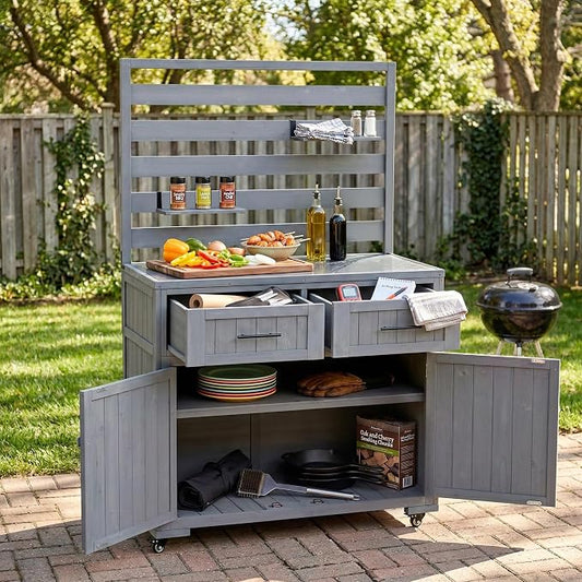 Outdoor Grill Cart with Storage Cabinet and Stainless Table Top, Outdoor Kitchen Island Prep Cart Grill Station for Food Prep and BBQ, Gray