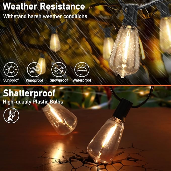 50 FT Solar Powered Outdoor String Lights with 26 Shatterproof Edison Bulbs | Solar String Lights for Outside, Dimmable Patio Lights Waterproof with Remote Timer for Wedding Backyard(Warm White)