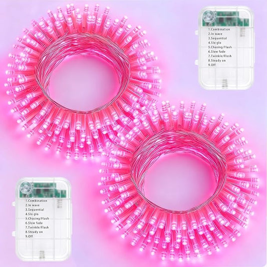 Pooqla 2 Pack String Lights Battery Operated, Total 66.6ft 200 LED Fairy Lights Indoor Outdoor Decorations, 8 Modes Pink Battery Lights for Wedding Valentine's Day Bedroom Porch Party Yard Decor