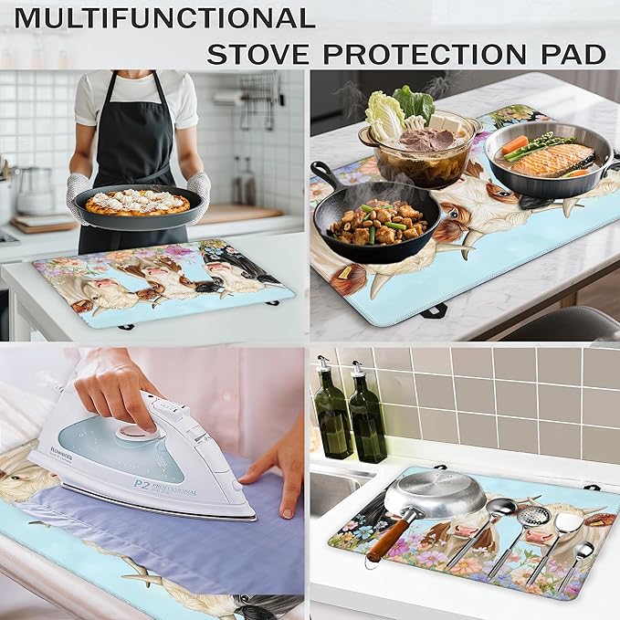 Farmhouse Cow Glass Top Stove Cover Protector,Watercolor Flower Heat Resistant Stove Top Cover, Large Size Range Covers for Electric Stove Countertop Mat, 28 x 20 Inch
