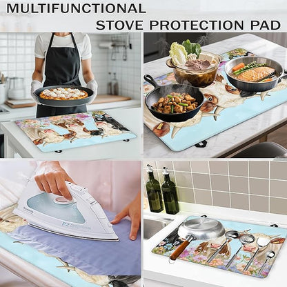 Farmhouse Cow Glass Top Stove Cover Protector,Watercolor Flower Heat Resistant Stove Top Cover, Large Size Range Covers for Electric Stove Countertop Mat, 28 x 20 Inch