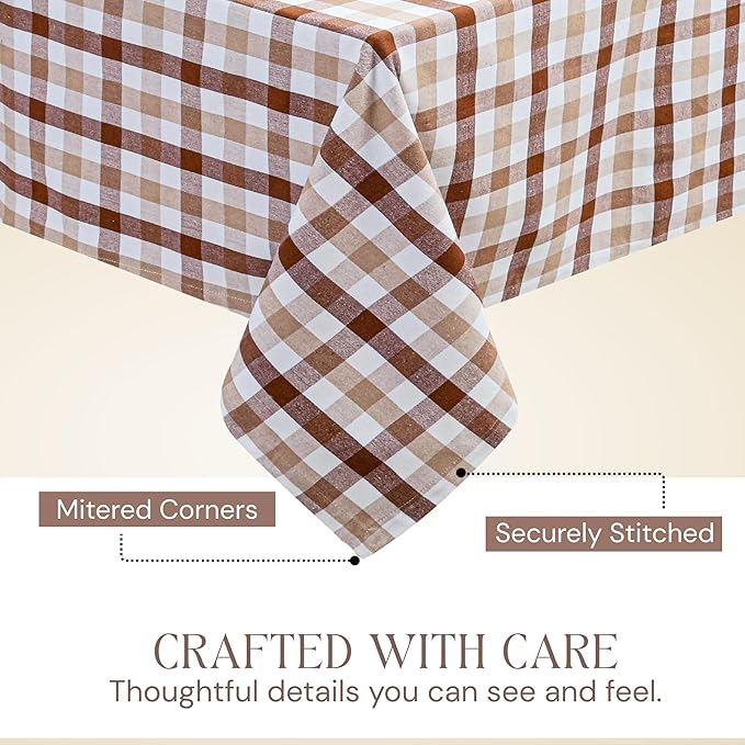 Brown Beige and White Gingham Check Tablecloth, 60x84 Inches, Reusable Farmhouse Table Linen, 100% Cotton, Washable, Plaid Table Cover for Rustic Décor, Weddings, Everyday Dining
