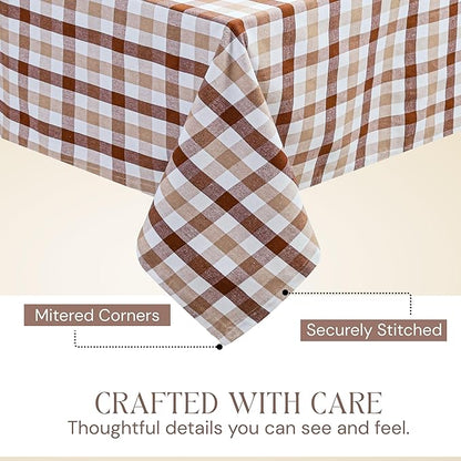 Brown Beige and White Gingham Check Tablecloth, 60x84 Inches, Reusable Farmhouse Table Linen, 100% Cotton, Washable, Plaid Table Cover for Rustic Décor, Weddings, Everyday Dining