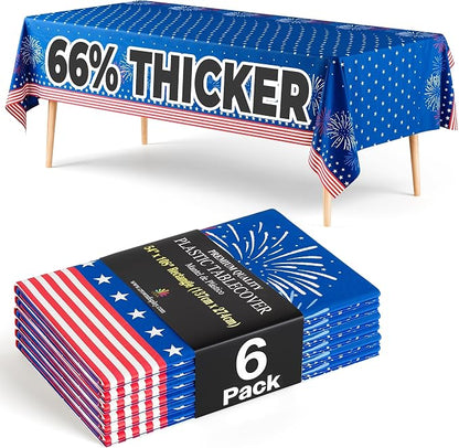Exquisite 66% Thicker 4th of July Tablecloth 6 Pack - Patriotic Red White and Blue Plastic Tablecloth Rectangle 54x108 Inch - American Flag Disposable Table Cover - Memorial Day Independence Day