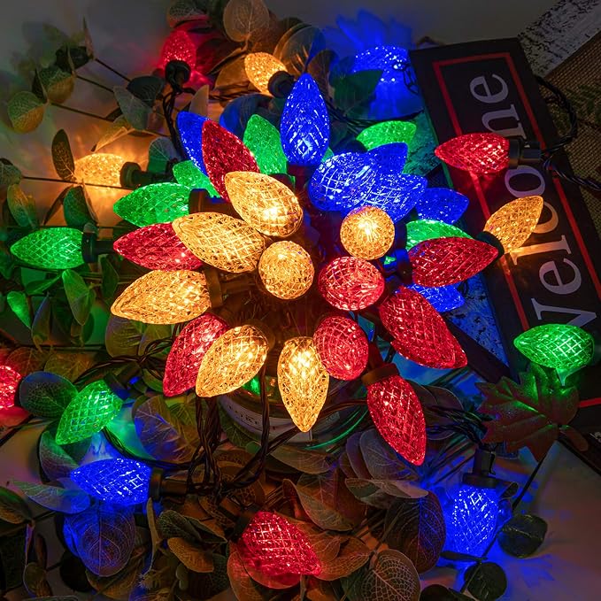 AWQ 50LED 49FT C9 Christmas String Lights Plug in Fairy Twinkle Multicolor | Christmas Lights Outdoor 8 Modes Timer Function Waterproof Extendable for Indoor Outdoor Wedding Party Christmas Decoration