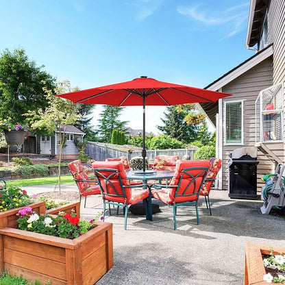 Sundale Outdoor 88 LED 10 FT Solar Patio Umbrella with Base, Red | Sand Bag Umbrella Base, Tilt, Crank, Solar Lights