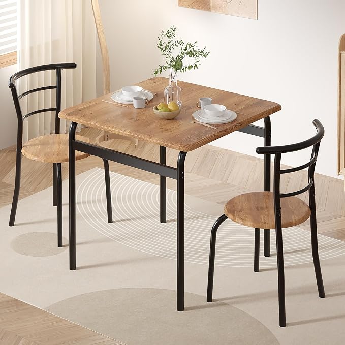 VECELO 3-Piece Dining Table Set for Kitchen Breakfast Nook, Wood Grain Square Tabletop and Metal Frame, for Small Spaces, Vintage Brown