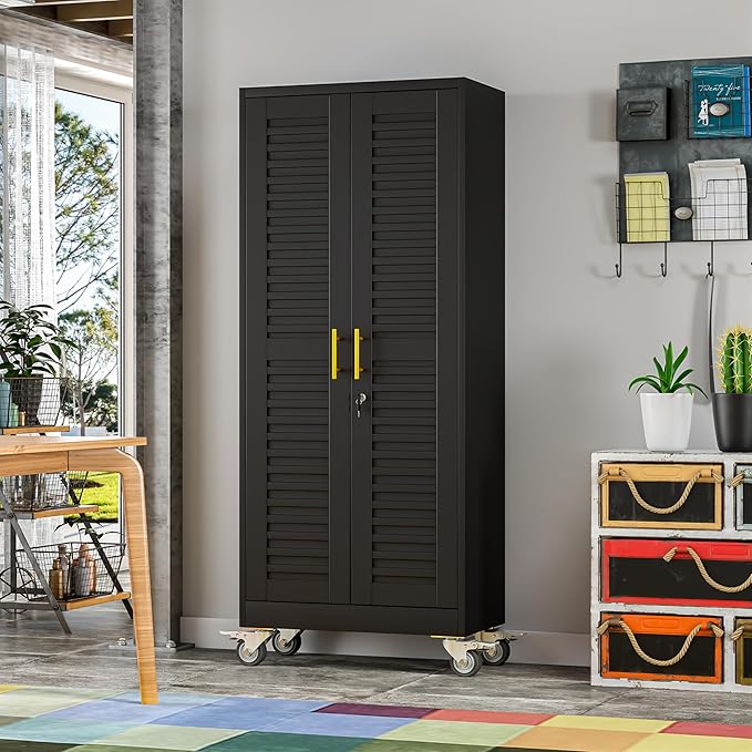 winiowa 71" Tall Metal Garage Storage Cabinet with Wheels, Steel Locking Rolling Tool Cabinet with 4 Adjustable Shelves for Garage,Home,Office (Black)