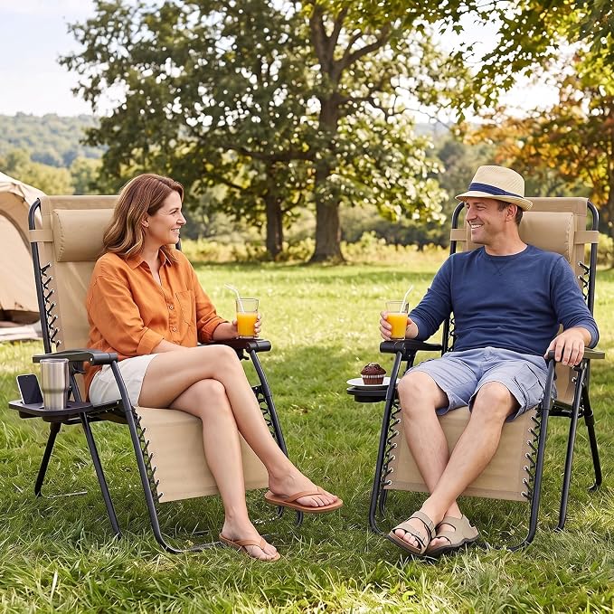 Zero Gravity Chairs Set of 4, Outdoor Folding Lounge Chairs | Foldable Reclining Patio Lawn Chairs with Mesh Back, Adjustable Pillows and Cup Holder Trays, for Pool, Beach, Backyard