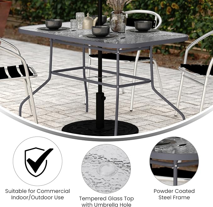 Flash Furniture Commercial 27.5x47.25 in Steel Patio Table, Silver | Tempered Glass Top with Umbrella Hole