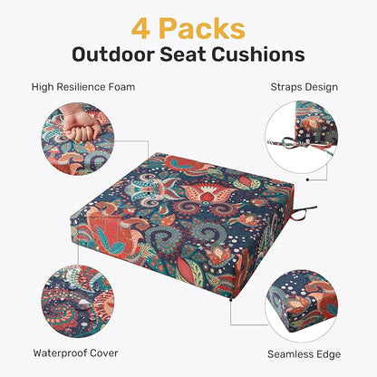 UNIKOME Outdoor Chair Cushions, Set of 4, 24"*24"*4", Water Resistant, Boho
