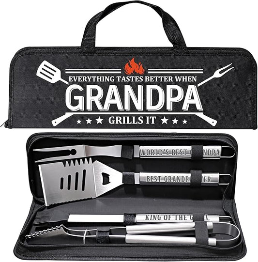 Grandpa Gifts from Grandkids, Gifts for Grandpa Christmas, Grilling Accessories, Heavy Duty Stainless Steel Grill Set BBQ Grill Tools for Outdoor Grill with Aluminum Case, Camping Grill Utensils Set