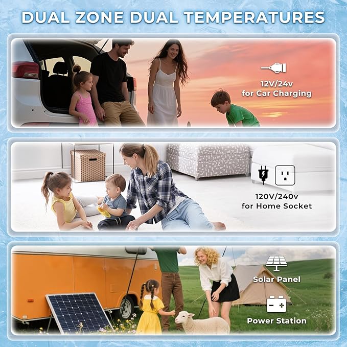 AS 12 Volt Refrigerator, 53QT(50L) Dual Temperature Zone Electric Cooler with Wheels, Portable Freezer 12V/24V DC 110-240V AC, -4℉-68℉ Car Fridge for Car, Marine, Home, Outdoor, etc