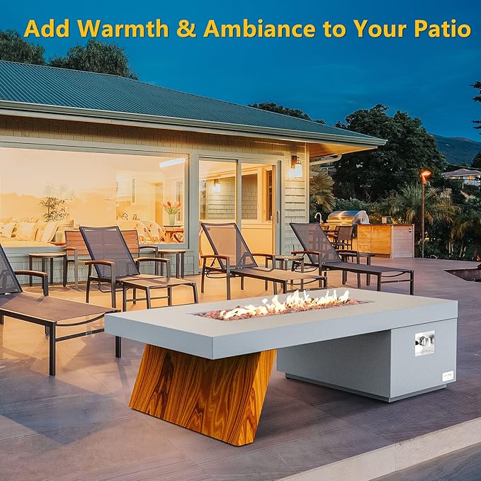 Premium 60” Gas Fire Pit Table with Unique Wooden-Visual Leg, Large Propane Fire Table with Lava Rocks, Smokeless Fireplace 60,000BTU for Backyard Patio Villa Bonfire, FP015
