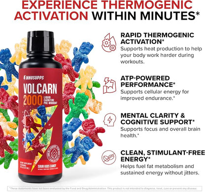 Volcarn 2000 L-Carnitine Liquid Energy, Sour Kids Candy, 32 Servings | Energy booster and ATP supplement with GBEEC; Enhances focus; Caffeine-free, no artificial sweeteners