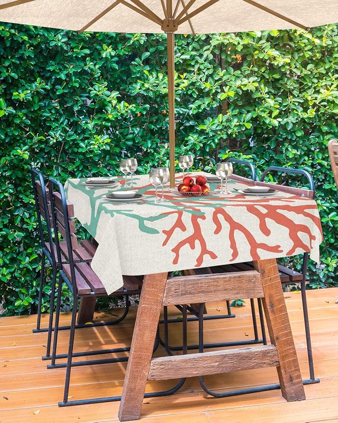 Teal Red Coral Outdoor Tablecloth - 60x102 Inch Rectangle Table Cover, Summer Ocean Nautical Coastal Rustic Burlap Waterproof Outdoor Table Cloth with Umbrella Hole & Zipper for Picnic/Patio/Party