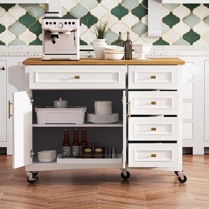 Ball & Cast Kitchen Island with Drop Leaf,Embossed Texture Kitchen Island On Wheels with Spice & Towel Rack,2 Doors and 5 Drawers,Kitchen Storage Cart W/Adjustable Shelf for Kitchen,White,52"