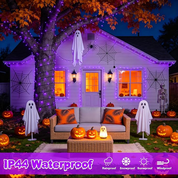 JMEXSUSS 400 LED Purple Halloween Lights Outdoor Plug in | 132ft Halloween String Lights with Remote, Green Wire Purple Christmas Lights for Christmas Halloween Decorations