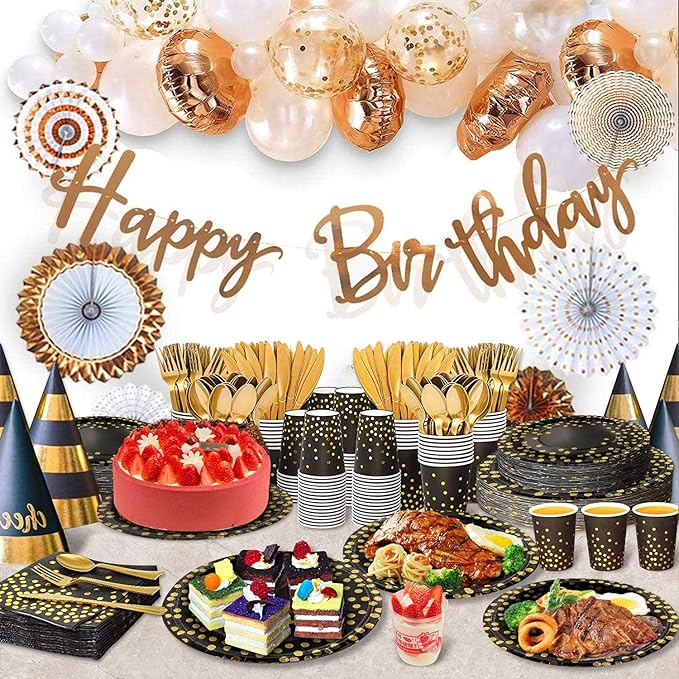 AIRE 175PCS Black and Gold Paper Plates Party Supplies for 25 Guests Disposable Party Decorations Dinnerware Golden Dot Black Paper Plates Napkins Cups Gold Plastic Forks Knives Spoons for Mothers Day