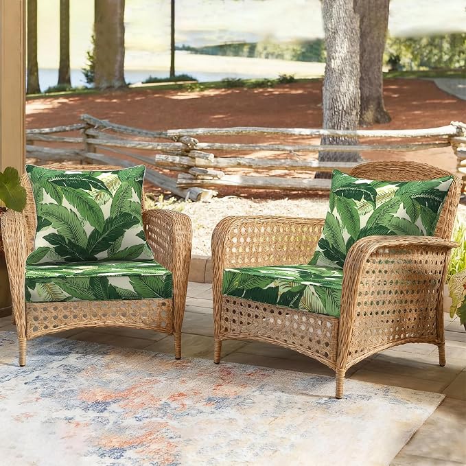 DYTXIII Outdoor Deep Seat Cushion Set, Water Repellent 24"x24" Patio Thick Cushions Replacement with Seat & Back Pillow for Patio Sofa, Wicker Chair, Couch - Swaying Palms Green