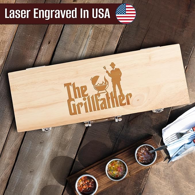 11-Piece BBQ Grill Tool Set with Engraved Maple Wood Gift Box with Stainless Steel Barbecue Accessories with Wooden Handles – The Grillfather Grilling Kit for Dad, Men, Husband