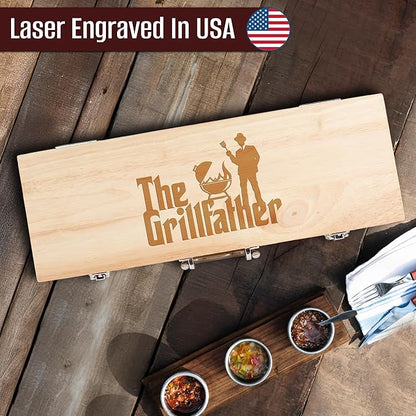 11-Piece BBQ Grill Tool Set with Engraved Maple Wood Gift Box with Stainless Steel Barbecue Accessories with Wooden Handles – The Grillfather Grilling Kit for Dad, Men, Husband