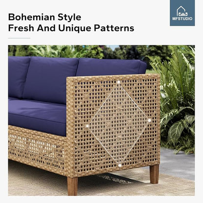 MFSTUDIO Wicker Patio Furniture Set, Rattan Outdoor Couch Sectional Sofa, 5 Pieces Patio Conversation Set with Acacia Wood Coffee Table, Outdoor Rattan Furniture Set for Garden or Balcony, Navy Blue