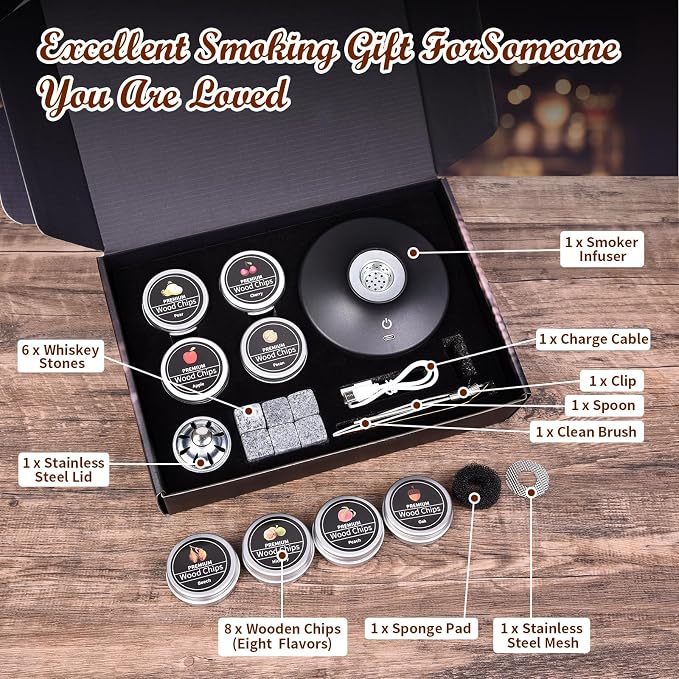 Electric Whiskey Smoker Kit, Old Fashioned Smoker Kit with 8 Wood Chip, Cocktail Smoker Kit with Whiskey Stone, Drink Smoker Gift Set for Birthday, Bourbon Whiskey for Men, Dad, Husband