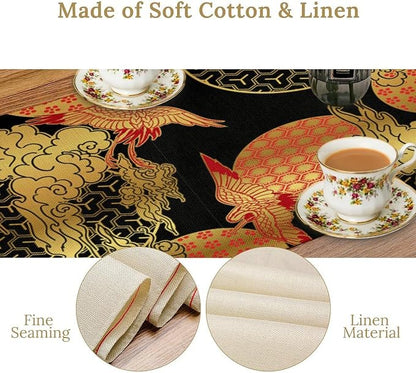 Japanese Cranes Table Runner Asian Chinese Oriental Luxury Red Black Gold Clouds Bamboo Dinner Runner Table Decoration for Home Kitchen Dining Table Party 13x90in