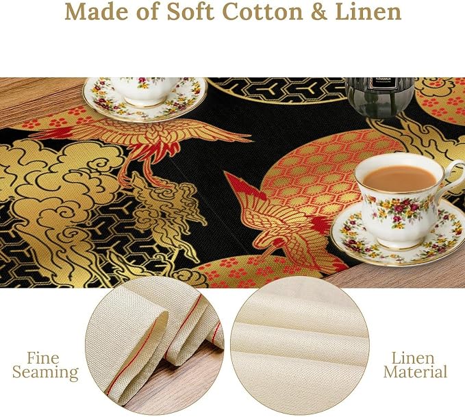 Japanese Cranes Table Runner Asian Chinese Oriental Luxury Red Black Gold Clouds Bamboo Dinner Runner Table Decoration for Home Kitchen Dining Table Party 13x108in