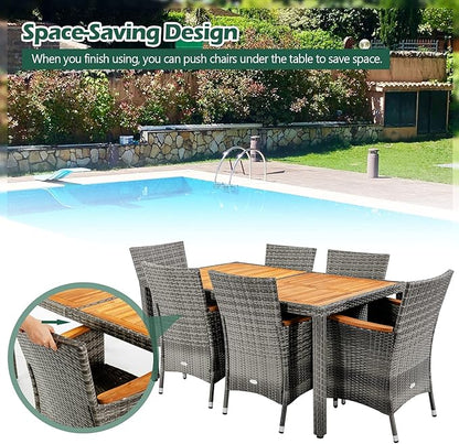 COSTWAY 7-Piece Patio Dining Set for 6, Outdoor Rattan Wicker Table and Chairs Furniture Set with Umbrella Hole, Acacia Wood Tabletop for Backyard, Balcony, Poolside, Grey & Beige