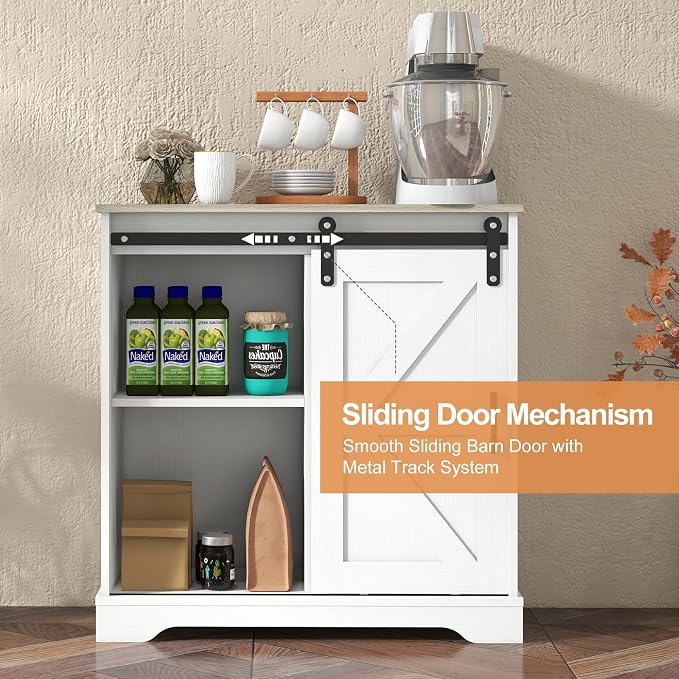 Panana Sliding Barn Door Buffet Sideboard Storage Cabinet Coffee Bar Kitchen Farmhouse Style (White Cabinet Nature Top)