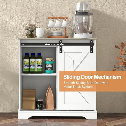 Panana Sliding Barn Door Buffet Sideboard Storage Cabinet Coffee Bar Kitchen Farmhouse Style (White Cabinet Nature Top)