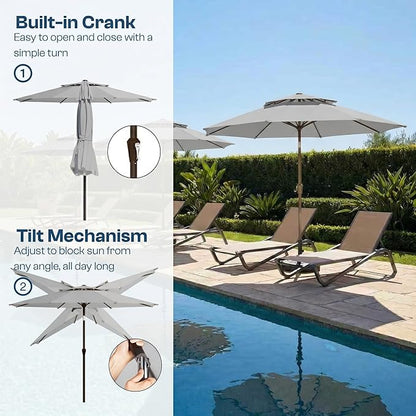 Patio Umbrella, 2 Tier Outdoor Table Umbrella, Large Vented Market Umbrellas with Push Button Tilt and Crank, 8 Sturdy Ribs for Backyard, Deck, Pool, UPF50+ UV Protection