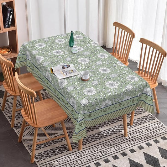French Rectangular Tablecloth 55"x70" - Green Floral Waterproof Table Cloth for Dining, Kitchen, Outdoor and Picnic Party Decor