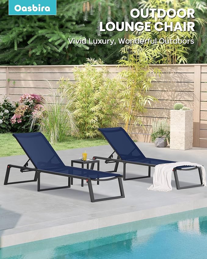 Aluminum Chaise Lounge Chair Outdoor, Foldable& No Assembly Patio Pool Lounge Chairs 5-Position Recliner for Outside, Fully Grounded Legs Sun Lounger for Poolside, 4 Packs, Navy Blue
