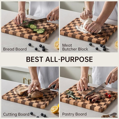 Checkerboard Cutting Boards for Kitchen, Acacia Wooden Cutting Board, End Grain Chopping Board with Juice Groove, Serving Tray for Meat, Vegetables, Fruits, Bread, Cheese, 14" X 11" X 0.8"
