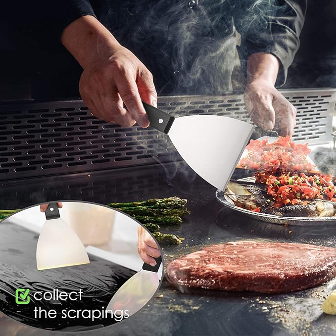 Grill Griddle Scraper Set of 2, Leonyo Stainless Steel Versatile Metal flat Top Grill Scraper for Dough Pancake Pizza Teppanyaki BBQ Home Baking Cooking, Slant Edge & Dishwasher Safe