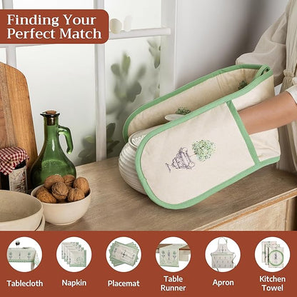 Maison d' Hermine Double Oven Mitts 100% Cotton 7"x35" Double Oven Mitt Heat Resistant BBQ Cooking Gloves with Loop Baking Grilling Kitchen Hotel Home Farmhouse Spring Summer (Jardin Du Roy)