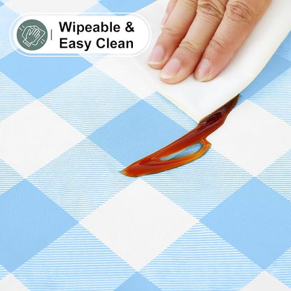 Buffalo Rectangle Picnic Tablecloth, 4 Foot Elastic Fitted Vinyl Table Cloth with Flannel Backing, Waterproof Plaid Table Covers for Dining, Camping, Outdoor (Baby Blue and White, 24" x 48")