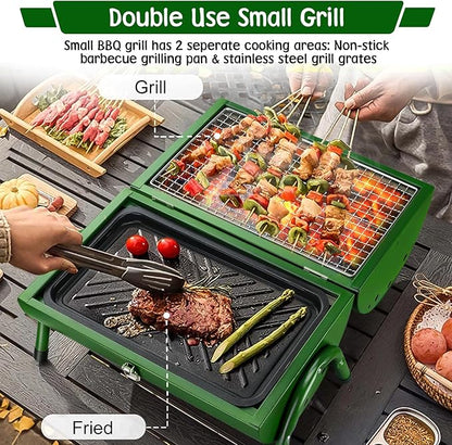PIQUEBAR Portable Charcoal Grill, Small BBQ Grill with Smoker Double-Side Use Outdoor for Camping, Tabletop Compact Barbecue Grill, Grass Green