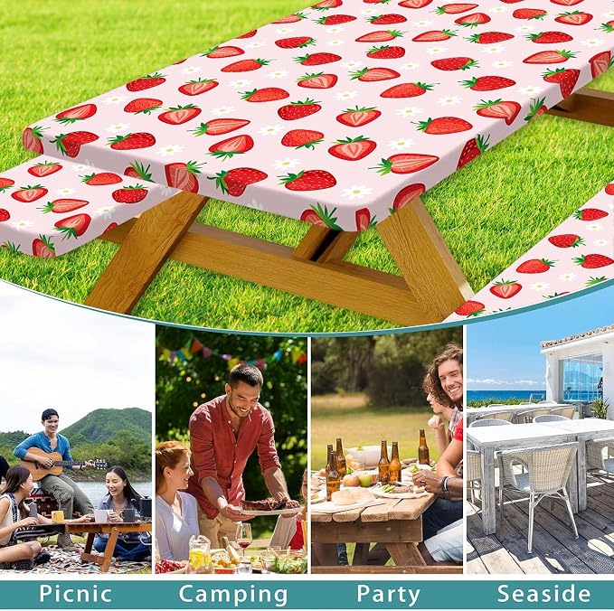 Strawberry Picnic Table Cover with Bench Covers and Bag, Camping Essentials, Berry Waterproof Windproof, Fitted Tablecloth Cover with Elastic Edge for Outdoor Garden 3 PCS 30x72 Inch