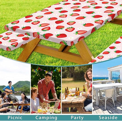 Strawberry Picnic Table Cover with Bench Covers and Bag, Camping Essentials, Berry Waterproof Windproof, Fitted Tablecloth Cover with Elastic Edge for Outdoor Garden 3 PCS 30x72 Inch