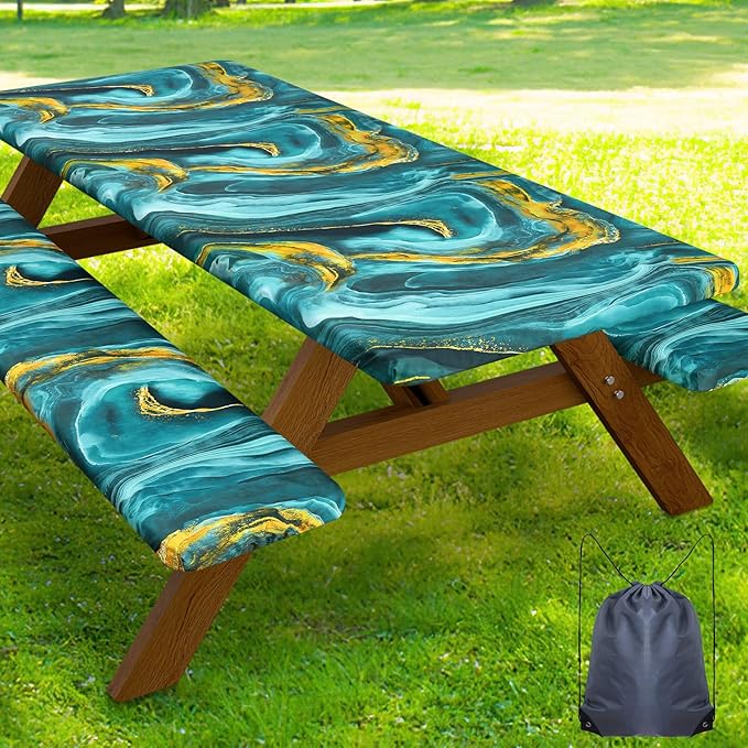 Smiry Picnic Table Cover with Bench Covers, Waterproof Elastic Fitted Tablecloth for 5 Foot Tables, Washable Polyester Tablecloths for Camping, Indoor & Outdoor (Teal & Gold, 30x60 Inch 3-pc Set)