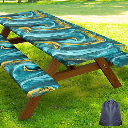 Smiry Picnic Table Cover with Bench Covers, Waterproof Elastic Fitted Tablecloth for 6 Foot Tables, Washable Polyester Tablecloths for Camping, Indoor & Outdoor (Teal & Gold, 30x72 Inch 3-pc Set)