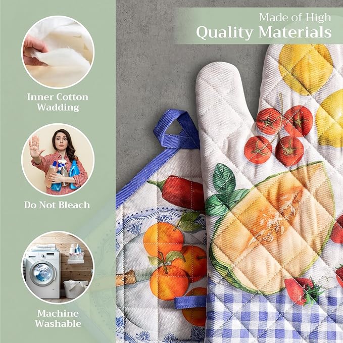 Maison d' Hermine 100% Cotton Oven Mitt & Pot Holder Set (7.5"x13" & 8"x8") Heat Resistant BBQ Cooking Gloves with Loop Baking Grilling Kitchen Hotel Home Farmhouse Spring Summer (Gourmand)