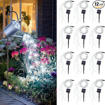 12 Pack Solar Waterfall Fairy Bunch Lights Outdoor Waterproof 9 Strand 180LEDs 8 Modes Watering Can Light (No Can) Firefly Bunch Lights for Patio Yard Garden Decorations(Cool White)