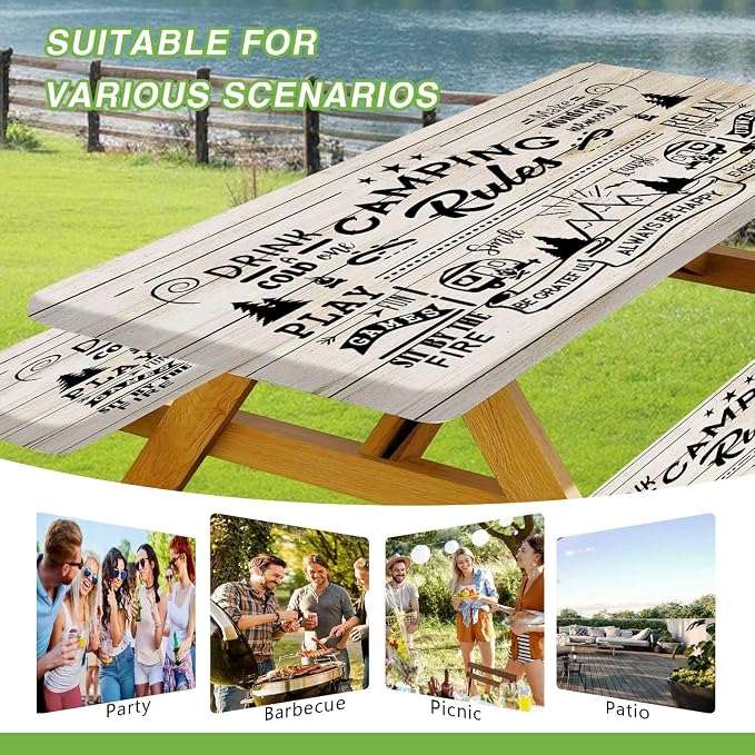 JAWO Camping Rules Wooden Plank Picnic Table Cover with Bench Covers, Camper RV Essentials Gear Supplies Outdoor Waterproof Windproof Tablecloth with Elastic, 30x72 Inch