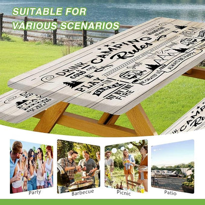 JAWO Camping Rules Wooden Plank Picnic Table Cover with Bench Covers, Camper RV Essentials Gear Supplies Outdoor Waterproof Windproof Tablecloth with Elastic, 30x72 Inch